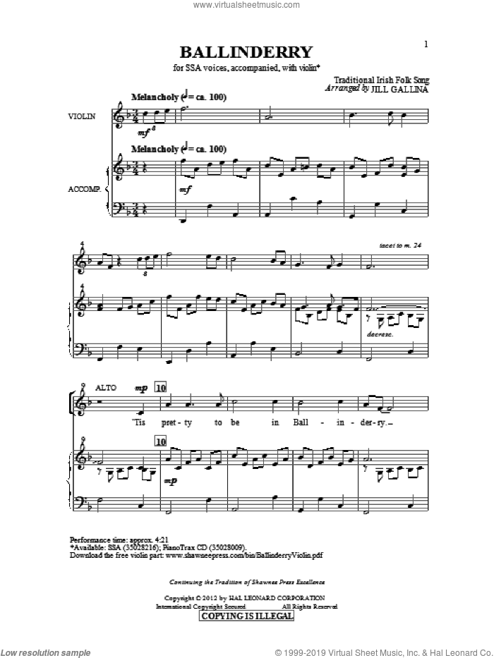 Ballinderry sheet music for choir (SSA: soprano, alto) by Jill Gallina, intermediate skill level