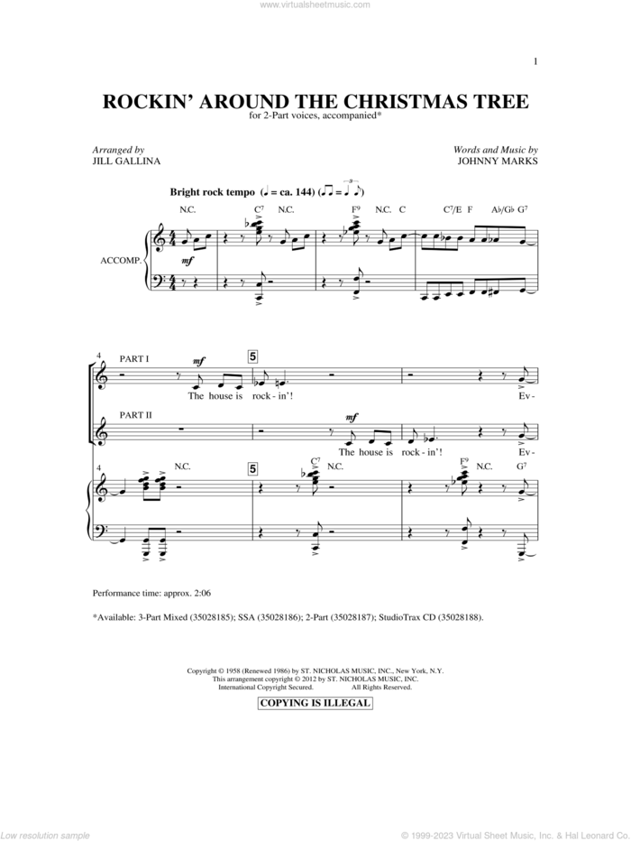 Rockin' Around The Christmas Tree sheet music for choir (2-Part) by Johnny Marks and Jill Gallina, intermediate duet