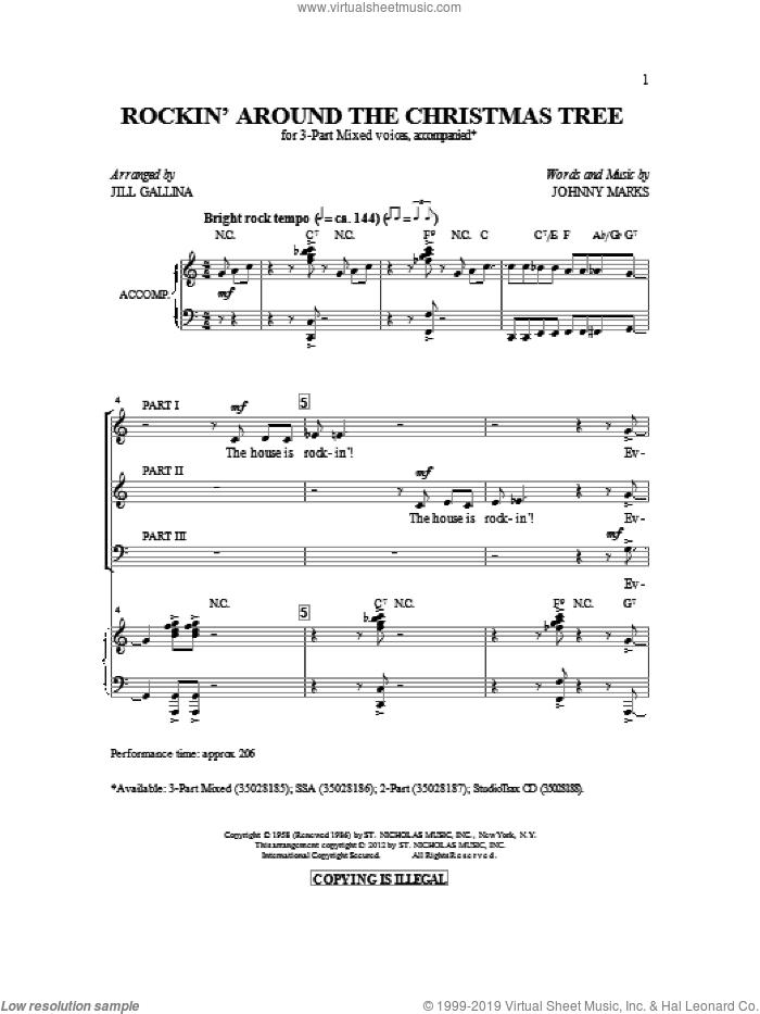 Rockin' Around The Christmas Tree (arr. Jill Gallina) sheet music for choir (3-Part Mixed) by Johnny Marks and Jill Gallina, intermediate skill level