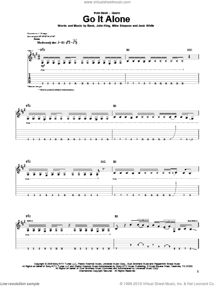 Go It Alone sheet music for guitar (tablature) by Jack White, Beck Hansen, John King and Mike Simpson, intermediate skill level