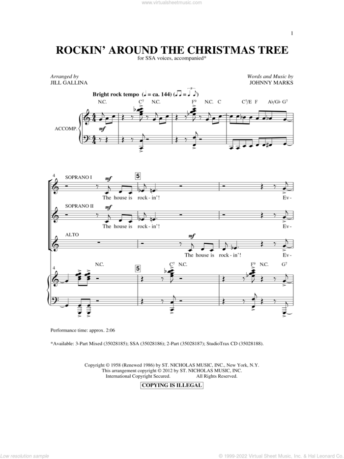Rockin' Around The Christmas Tree sheet music for choir (SSA: soprano, alto) by Johnny Marks and Jill Gallina, intermediate skill level