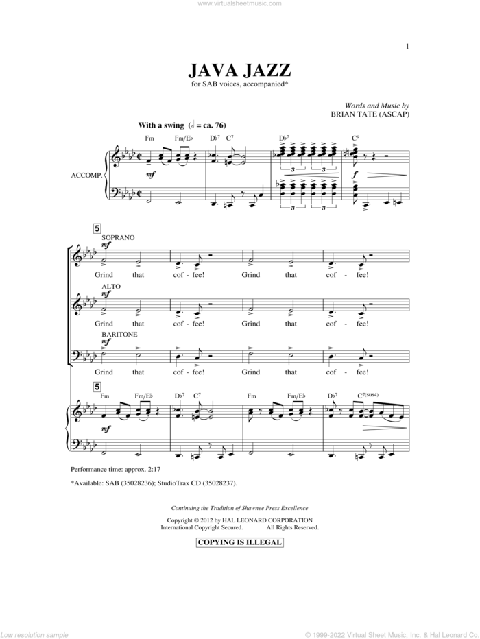 Java Jazz sheet music for choir (SAB: soprano, alto, bass) by Brian Tate, intermediate skill level