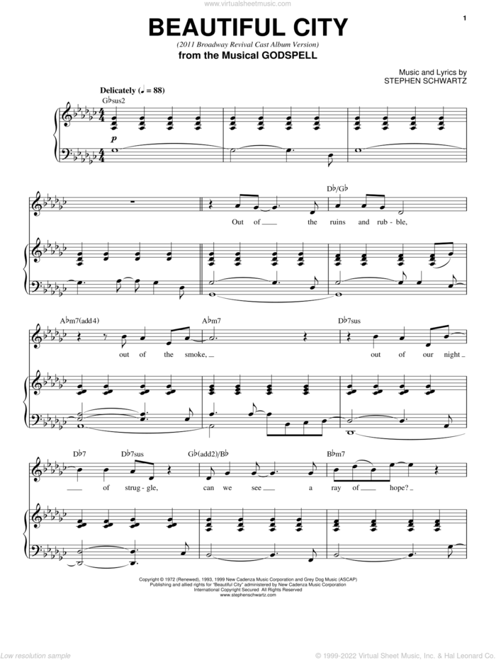 Beautiful City (2011 Broadway Revival Cast Album Version) sheet music for voice, piano or guitar by Stephen Schwartz and Godspell - Revival (Musical), intermediate skill level