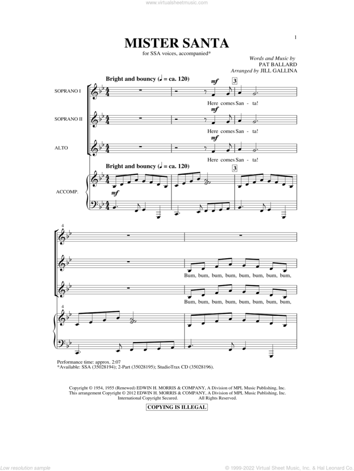 Mister Santa sheet music for choir (SSA: soprano, alto) by Pat Ballard and Jill Gallina, intermediate skill level