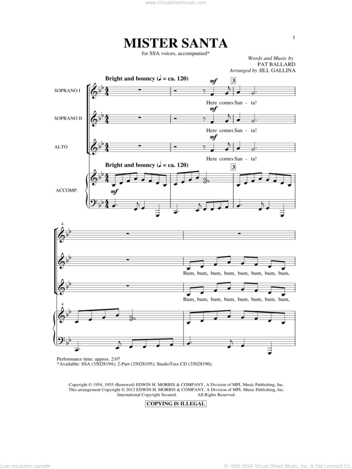 Mister Santa sheet music for choir (SSA: soprano, alto) by Pat Ballard and Jill Gallina, intermediate skill level