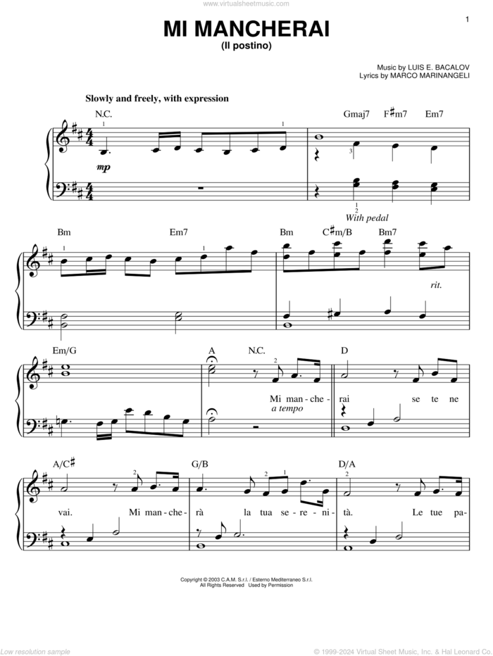 Mi Mancherai sheet music for piano solo by Josh Groban, Luis E. Bacalov and Marco Marinangeli, easy skill level