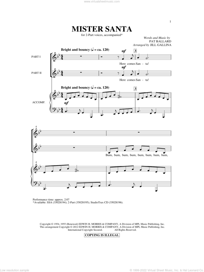 Mister Santa sheet music for choir (2-Part) by Pat Ballard and Jill Gallina, intermediate duet
