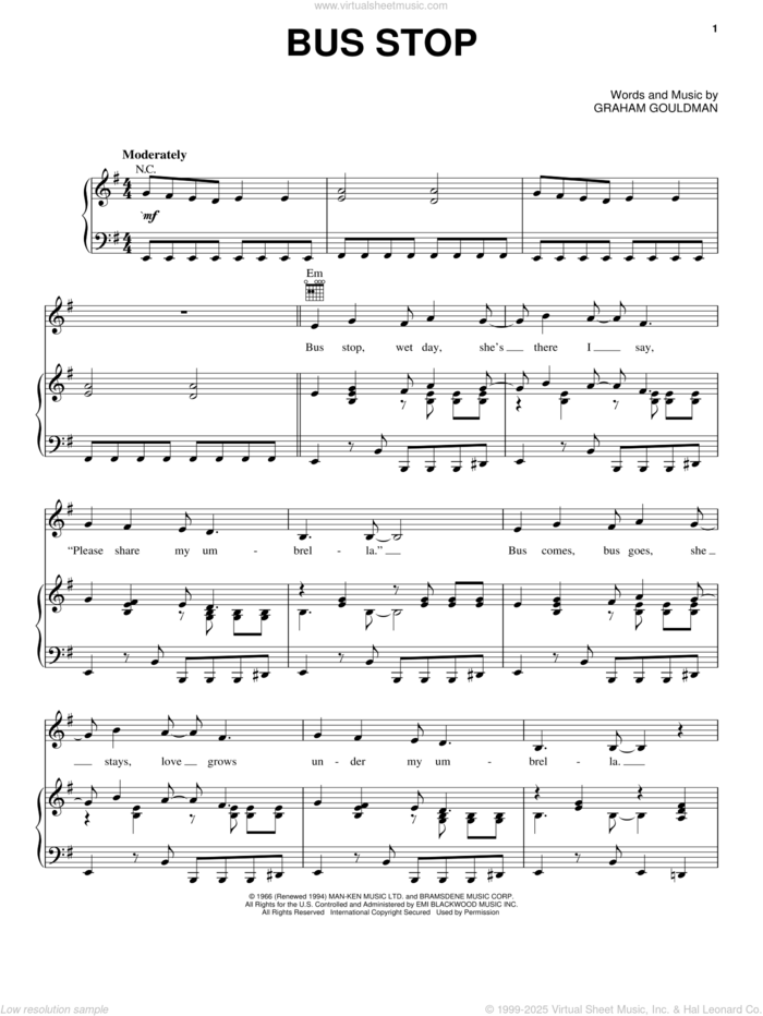 Bus Stop sheet music for voice, piano or guitar by The Hollies and Graham Gouldman, intermediate skill level