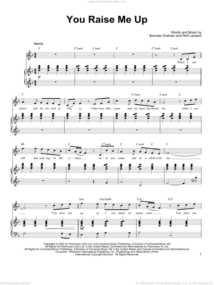 You Raise Me Up sheet music for voice, piano or guitar by Ronan Tynan, Josh Groban, Secret Garden, Brendan Graham and Rolf Lovland, classical wedding score, intermediate skill level