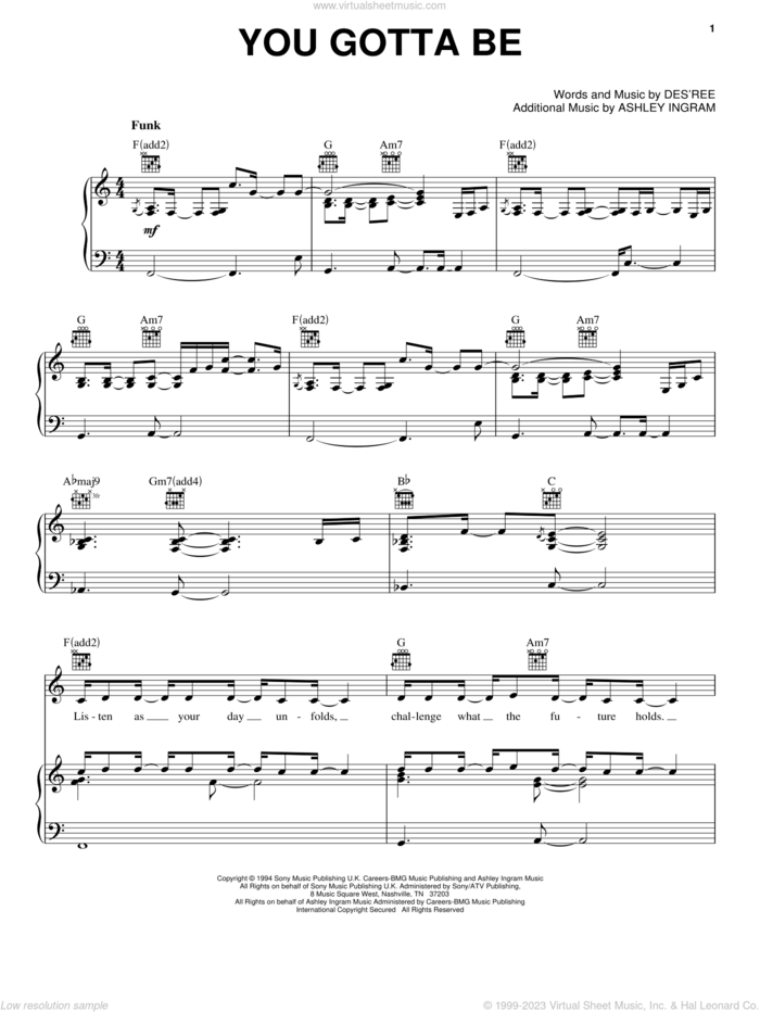 You Gotta Be sheet music for voice, piano or guitar by Des'ree and Ashley Ingram, intermediate skill level