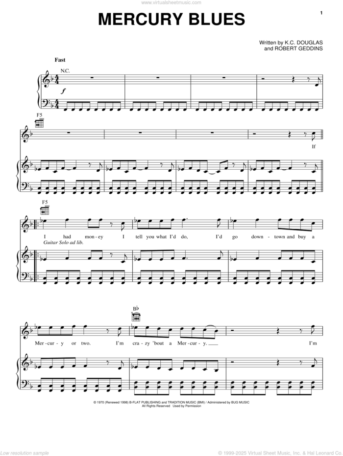 Mercury Blues sheet music for voice, piano or guitar by Alan Jackson, K.C. Douglas and Robert Geddins, intermediate skill level