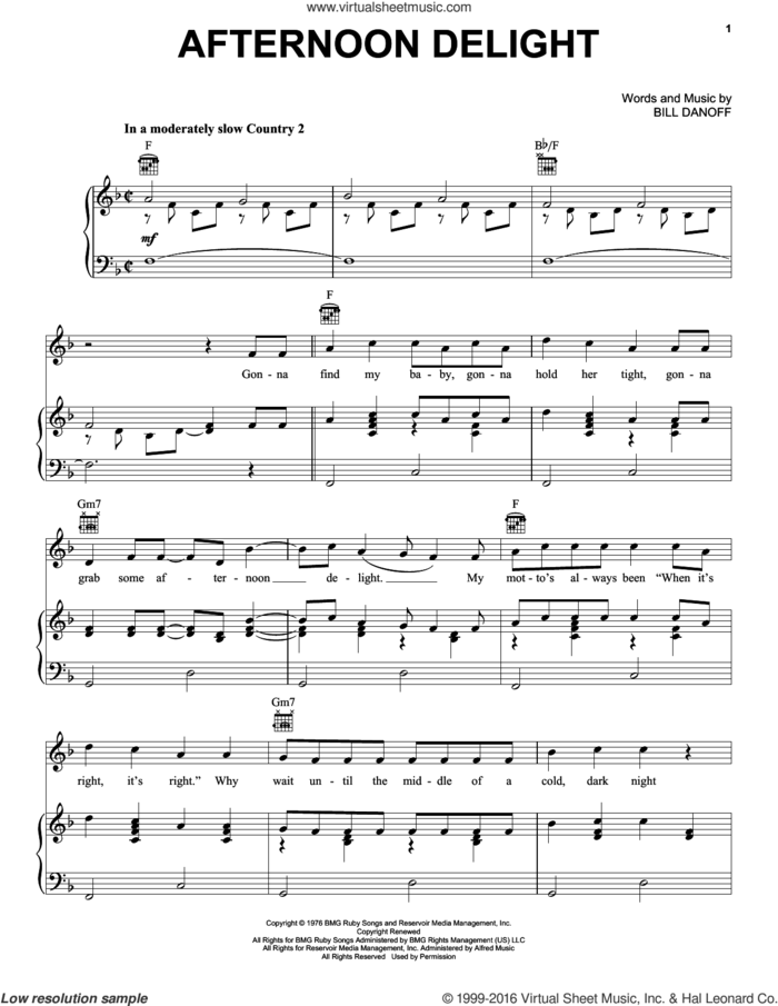 Afternoon Delight sheet music for voice, piano or guitar by Starland Vocal Band and Bill Danoff, intermediate skill level