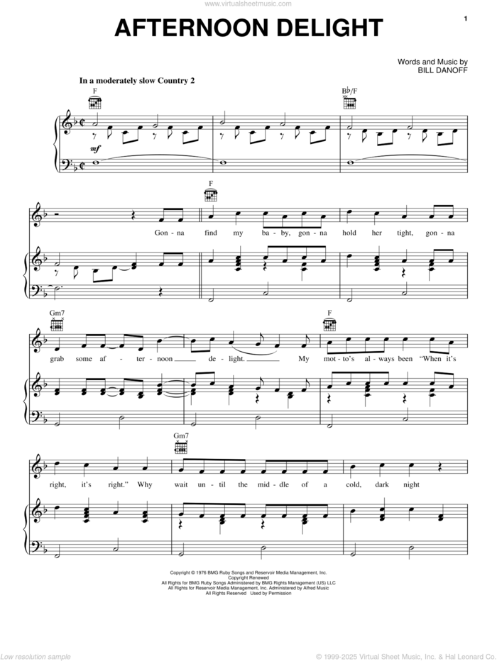 Afternoon Delight sheet music for voice, piano or guitar by Starland Vocal Band and Bill Danoff, intermediate skill level