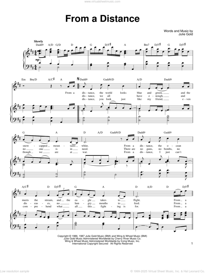 From A Distance sheet music for voice, piano or guitar by Ronan Tynan, Bette Midler, Nanci Griffith and Julie Gold, intermediate skill level