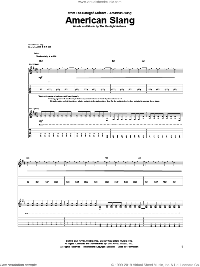 American Slang sheet music for guitar (tablature) by The Gaslight Anthem, intermediate skill level