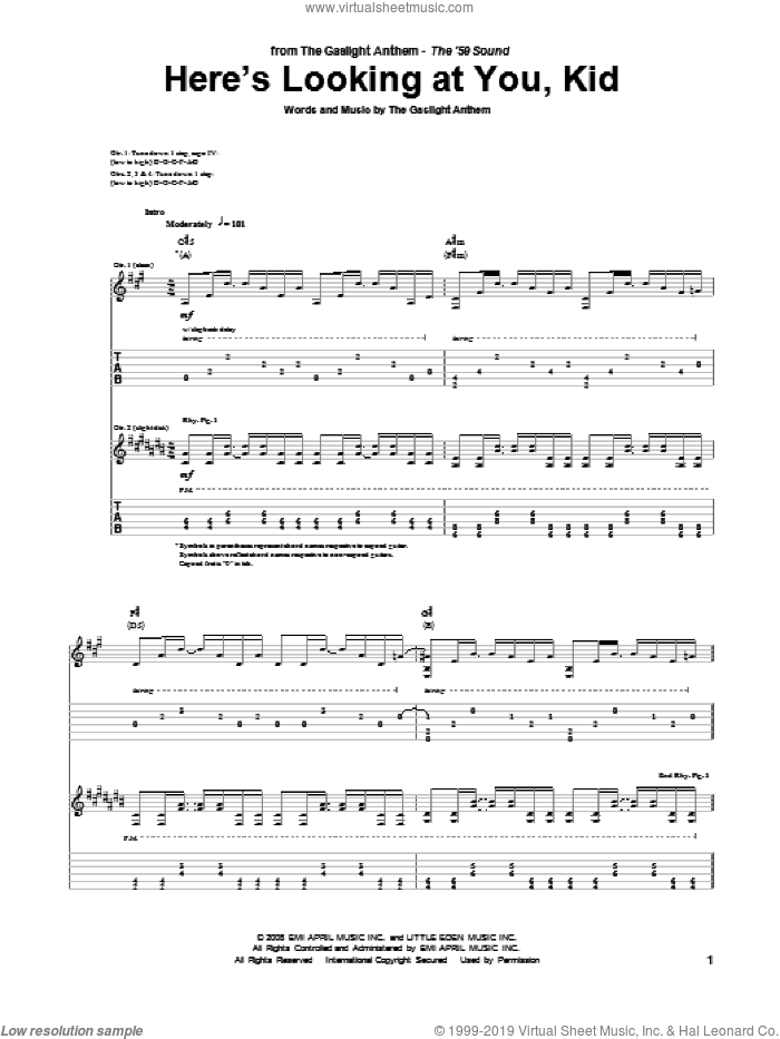 Here's Looking At You, Kid sheet music for guitar (tablature) by The Gaslight Anthem, intermediate skill level