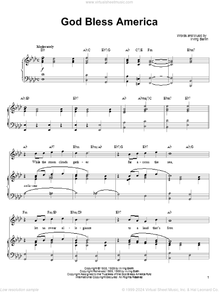 God Bless America sheet music for voice, piano or guitar by Ronan Tynan, Celine Dion and Irving Berlin, classical score, intermediate skill level