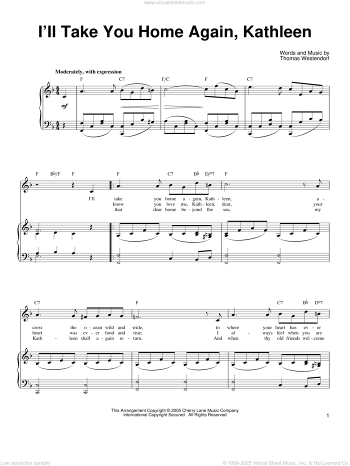 I'll Take You Home Again, Kathleen sheet music for voice, piano or guitar by Ronan Tynan and Thomas Westendorf, classical score, intermediate skill level