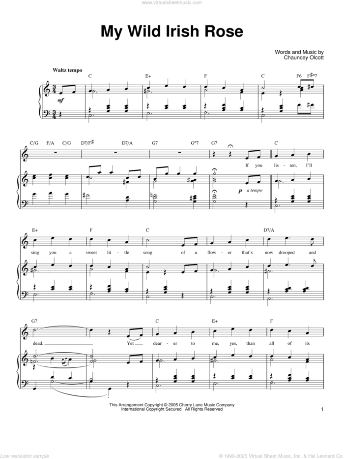 My Wild Irish Rose sheet music for voice, piano or guitar by Ronan Tynan and Chauncey Olcott, intermediate skill level