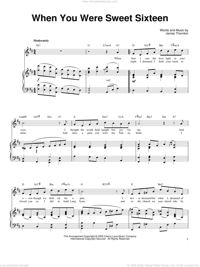 When You Were Sweet Sixteen sheet music for voice, piano or guitar by Ronan Tynan and James Thornton, classical score, intermediate skill level