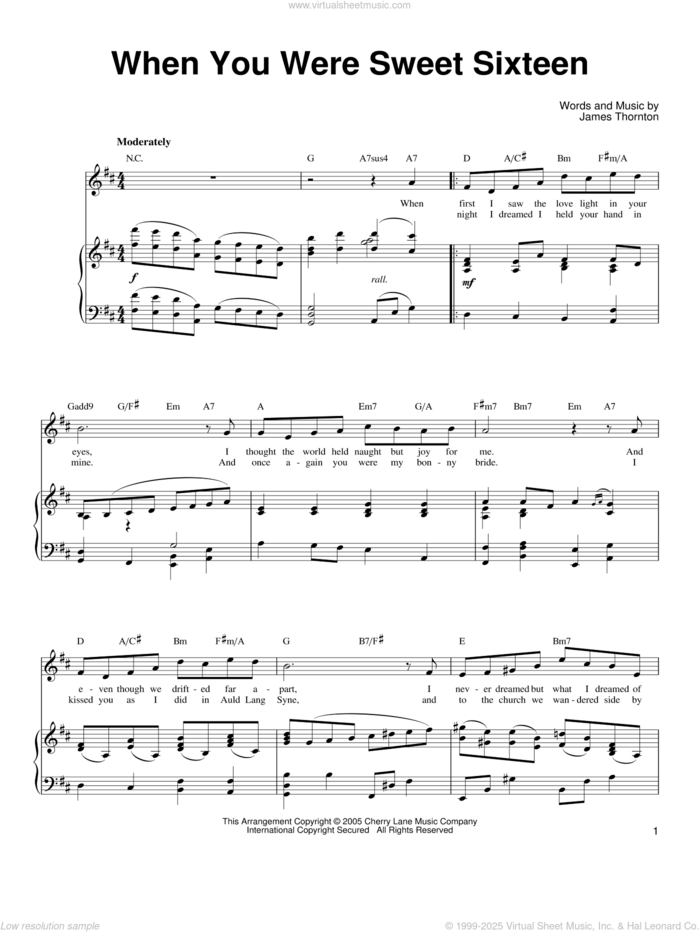 When You Were Sweet Sixteen sheet music for voice, piano or guitar by Ronan Tynan and James Thornton, classical score, intermediate skill level