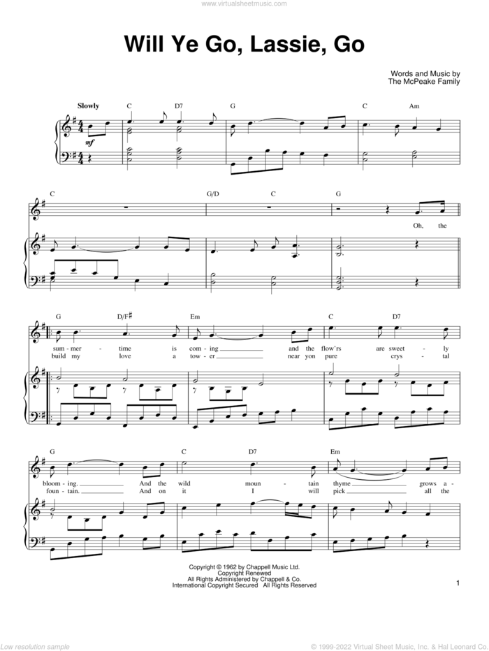 Will Ye Go, Lassie, Go sheet music for voice, piano or guitar by Ronan Tynan and The McPeake Family, classical score, intermediate skill level