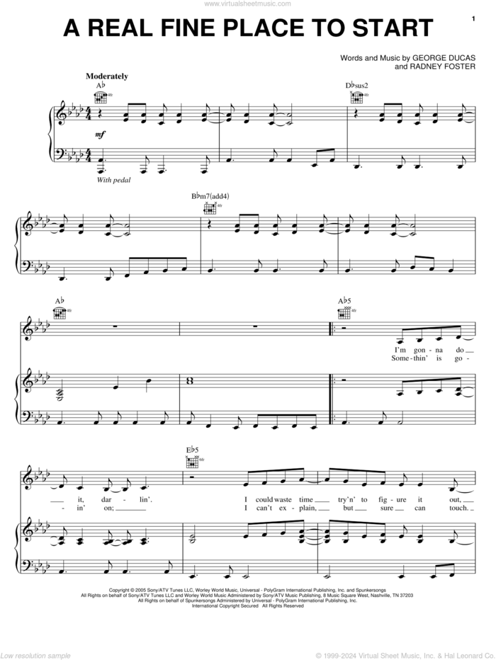 A Real Fine Place To Start sheet music for voice, piano or guitar by Sara Evans, George Ducas and Radney Foster, intermediate skill level