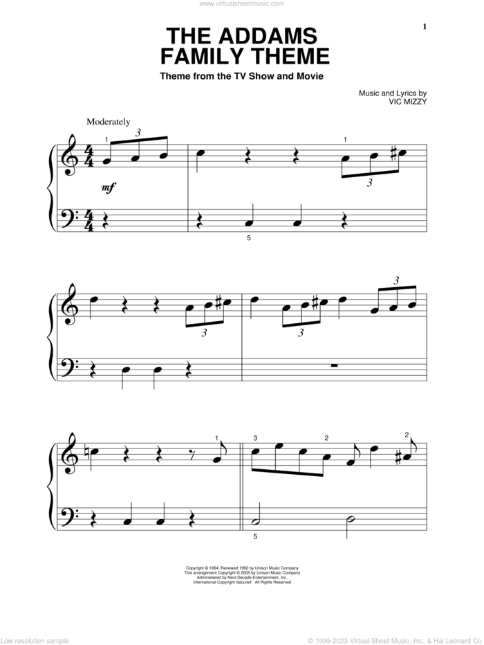 The Addams Family Theme sheet music for piano solo by Vic Mizzy, beginner skill level