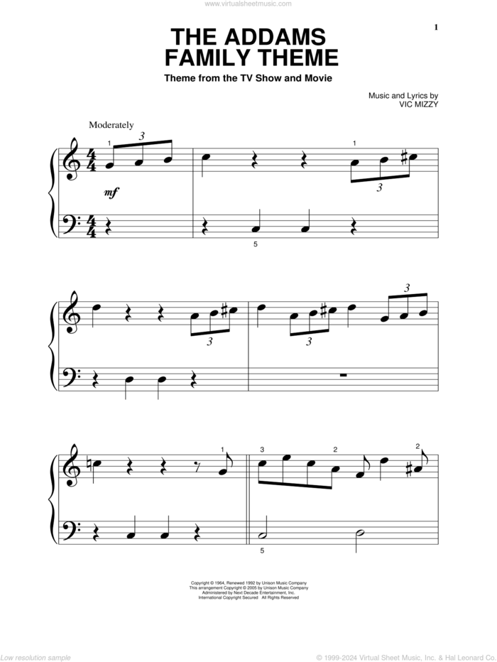 The Addams Family Theme, (beginner) sheet music for piano solo by Vic Mizzy, beginner skill level