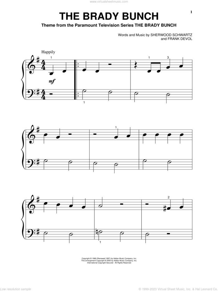 The Brady Bunch, (beginner) sheet music for piano solo by Sherwood Schwartz and Frank DeVol, beginner skill level