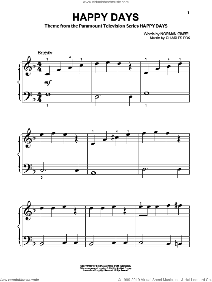 Happy Days sheet music for piano solo by Pratt & McClain, Charles Fox and Norman Gimbel, beginner skill level