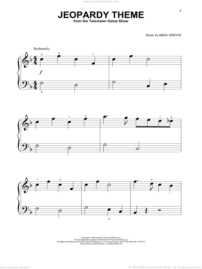 Jeopardy Theme sheet music for piano solo by Merv Griffin, beginner skill level