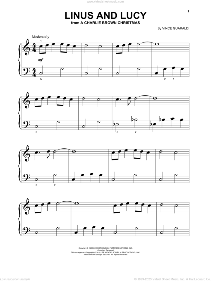 Linus And Lucy sheet music for piano solo by Vince Guaraldi, beginner skill level