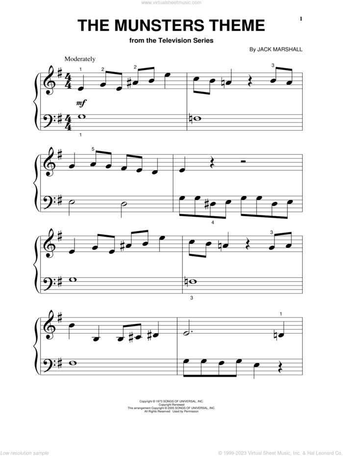 The Munsters Theme, (beginner) sheet music for piano solo by Jack Marshall, beginner skill level
