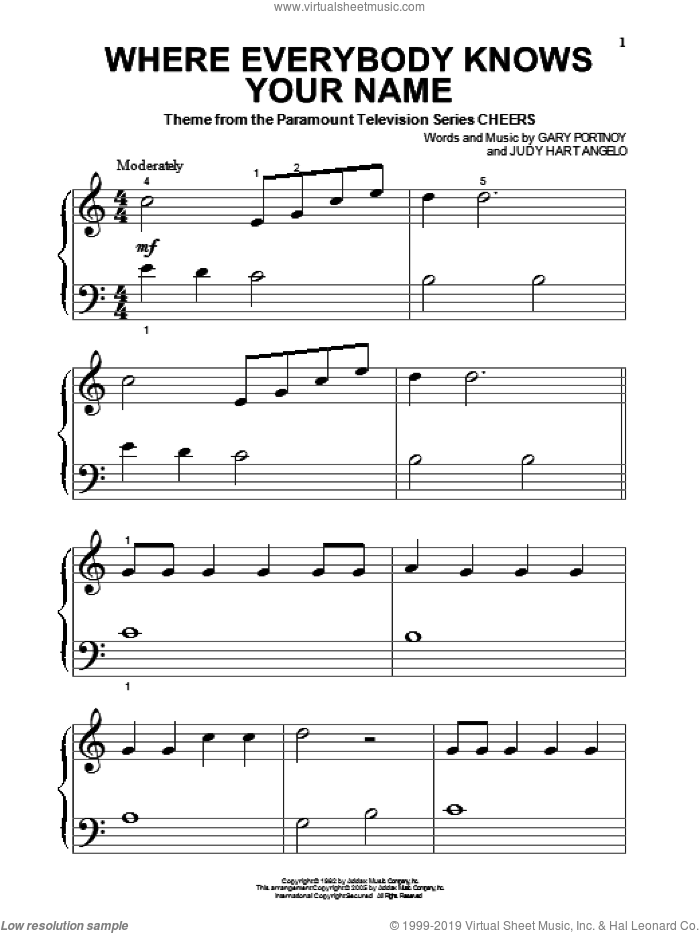 Where Everybody Knows Your Name, (beginner) sheet music for piano solo by Gary Portnoy and Judy Hart Angelo, beginner skill level
