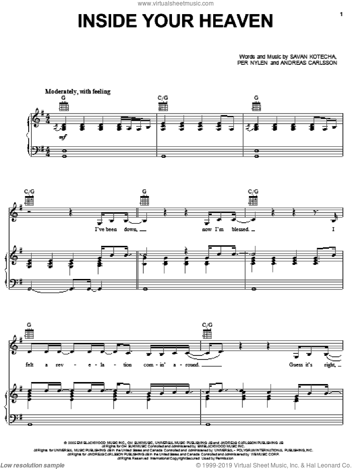Inside Your Heaven sheet music for voice, piano or guitar by Carrie Underwood, American Idol, Bo Bice, Andreas Carlsson, Per Nylen and Savan Kotecha, intermediate skill level