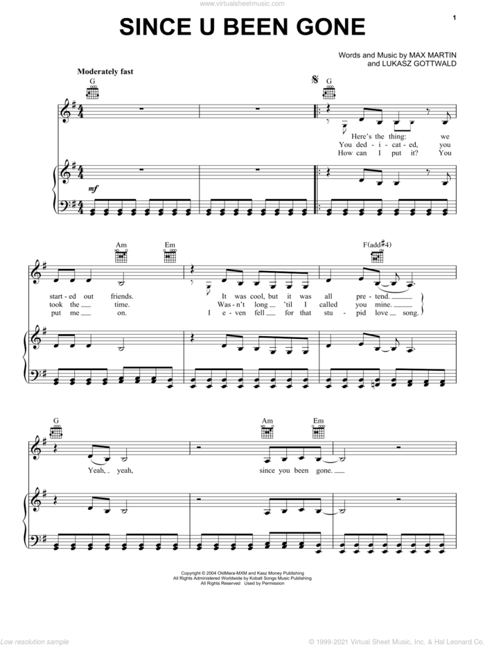 Since U Been Gone sheet music for voice, piano or guitar by Kelly Clarkson, American Idol, Lukasz Gottwald and Martin Sandberg, intermediate skill level