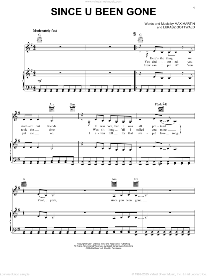 Since U Been Gone sheet music for voice, piano or guitar by Kelly Clarkson, American Idol, Lukasz Gottwald and Martin Sandberg, intermediate skill level