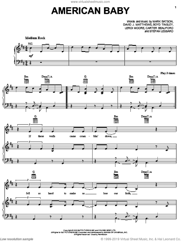 American Baby sheet music for voice, piano or guitar by Dave Matthews Band, Boyd Tinsley, Carter Beauford, Leroi Moore, Mark Batson and Stefan Lessard, intermediate skill level