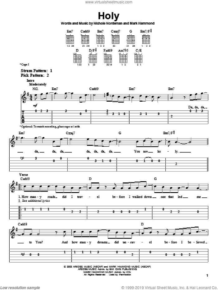 Holy sheet music for guitar solo (easy tablature) by Nichole Nordeman and Mark Hammond, easy guitar (easy tablature)