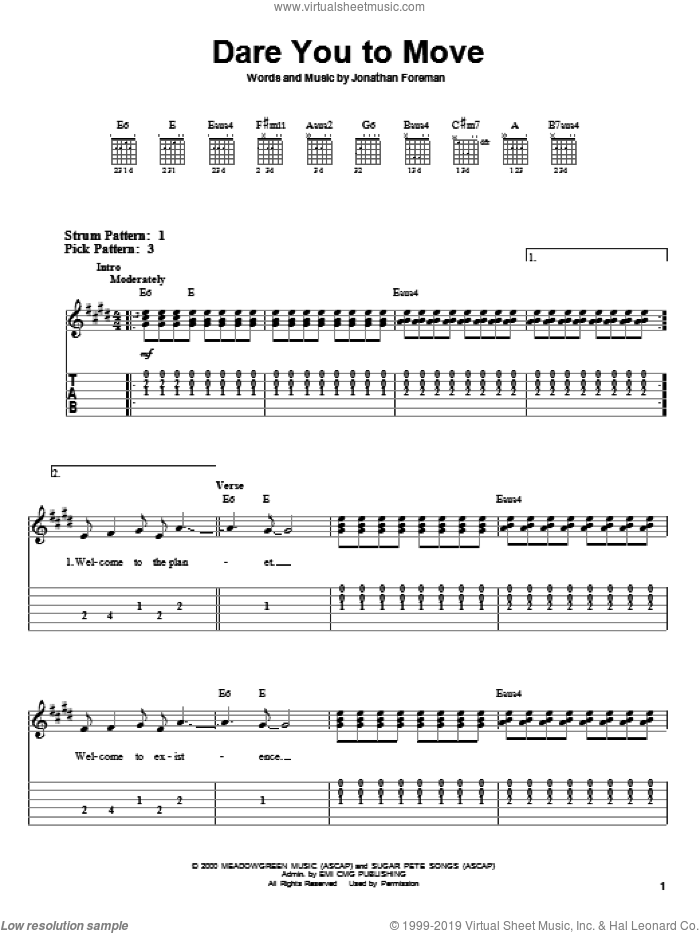 Dare You To Move sheet music for guitar solo (easy tablature) by Switchfoot and Jonathan Foreman, easy guitar (easy tablature)