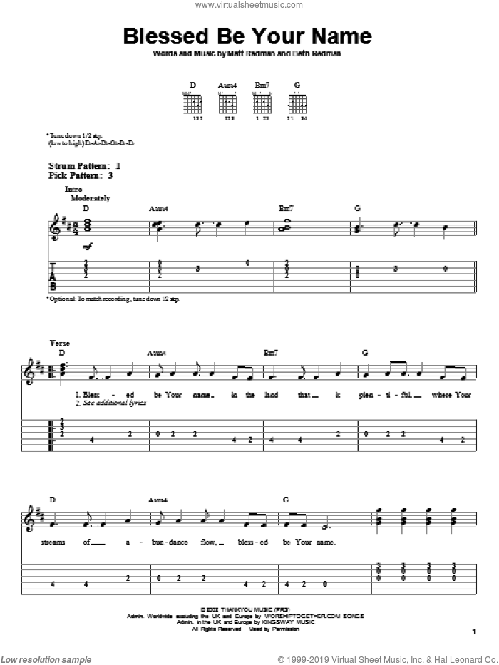 Blessed Be Your Name sheet music for guitar solo (easy tablature) by Matt Redman and Beth Redman, easy guitar (easy tablature)