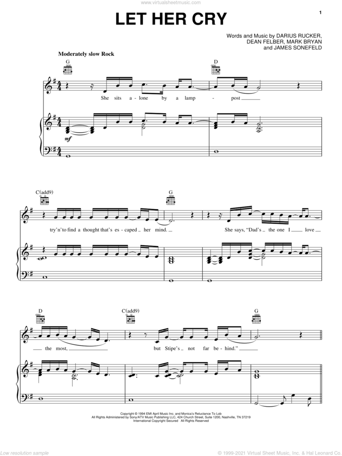 Let Her Cry sheet music for voice, piano or guitar by Hootie & The Blowfish, Darius Carlos Rucker, Everett Dean Felber and James George Sonefeld, intermediate skill level