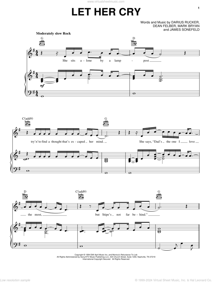 Let Her Cry sheet music for voice, piano or guitar by Hootie & The Blowfish, Darius Carlos Rucker, Everett Dean Felber and James George Sonefeld, intermediate skill level