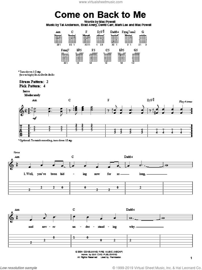 Come On Back To Me sheet music for guitar solo (easy tablature) by Third Day, Brad Avery, David Carr, Mac Powell, Mark Lee and Tai Anderson, easy guitar (easy tablature)
