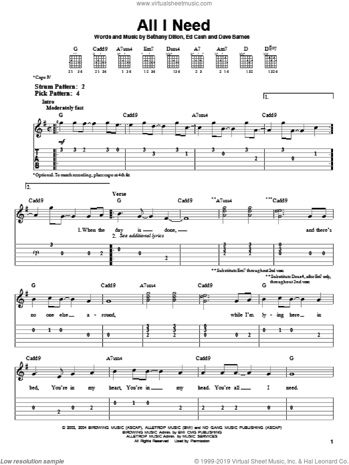 All I Need sheet music for guitar solo (easy tablature) by Bethany Dillon, Dave Barnes and Ed Cash, easy guitar (easy tablature)