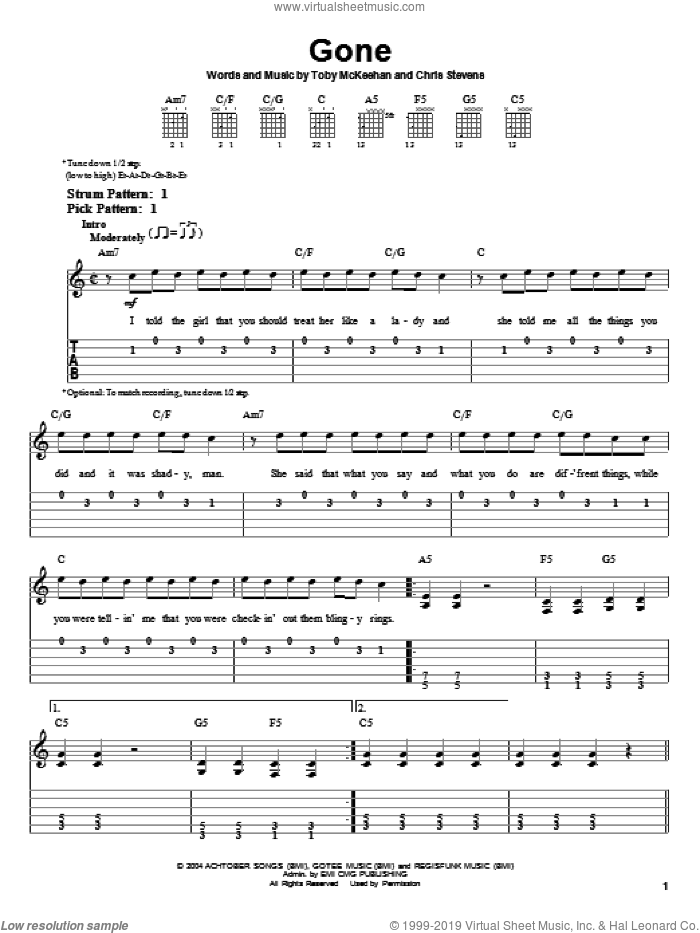 Gone sheet music for guitar solo (easy tablature) by tobyMac, Chris Stevens and Toby McKeehan, easy guitar (easy tablature)