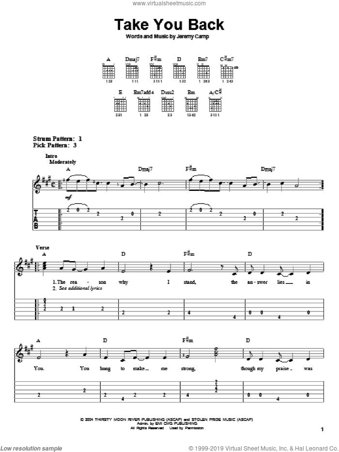 Take You Back sheet music for guitar solo (easy tablature) by Jeremy Camp, easy guitar (easy tablature)