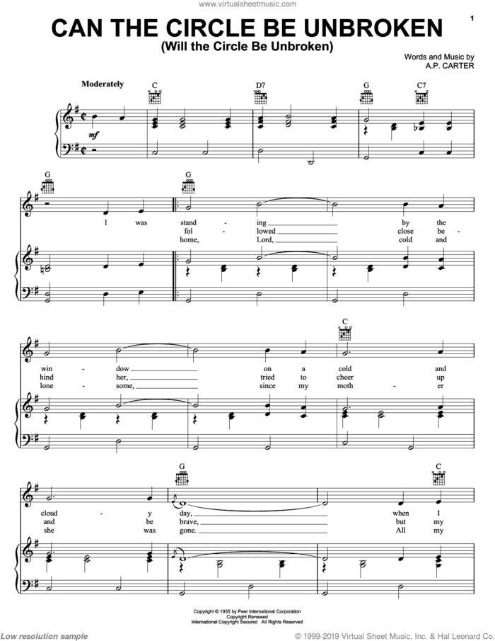 Can The Circle Be Unbroken (Will The Circle Be Unbroken) sheet music for voice, piano or guitar by The Carter Family and A.P. Carter, intermediate skill level