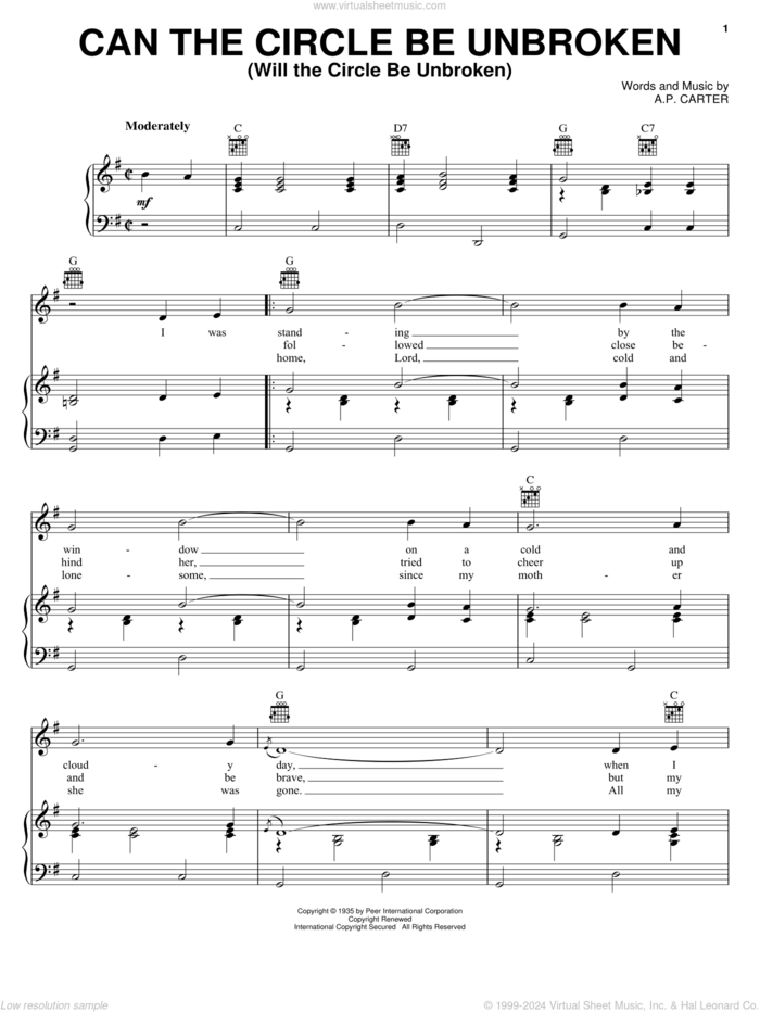 Can The Circle Be Unbroken (Will The Circle Be Unbroken) sheet music for voice, piano or guitar by The Carter Family and A.P. Carter, intermediate skill level